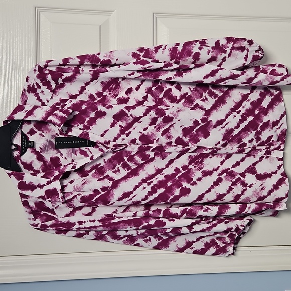 Investments Tops - Investments 3/4 Sleeve Collared V-neck Hidden Button Front Top: Tie Dye: 1X